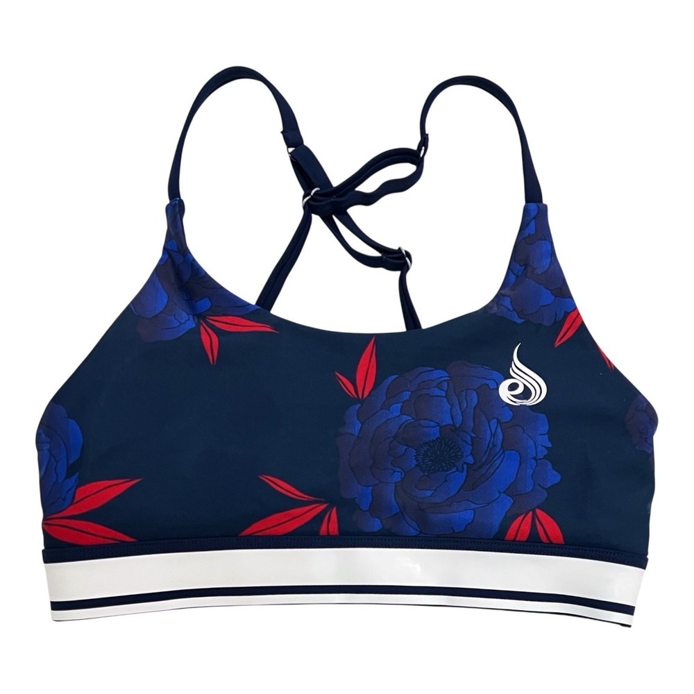 RYDERWEAR Cross Back Sports Bra Navy Blue Floral Removable Pads Size Small